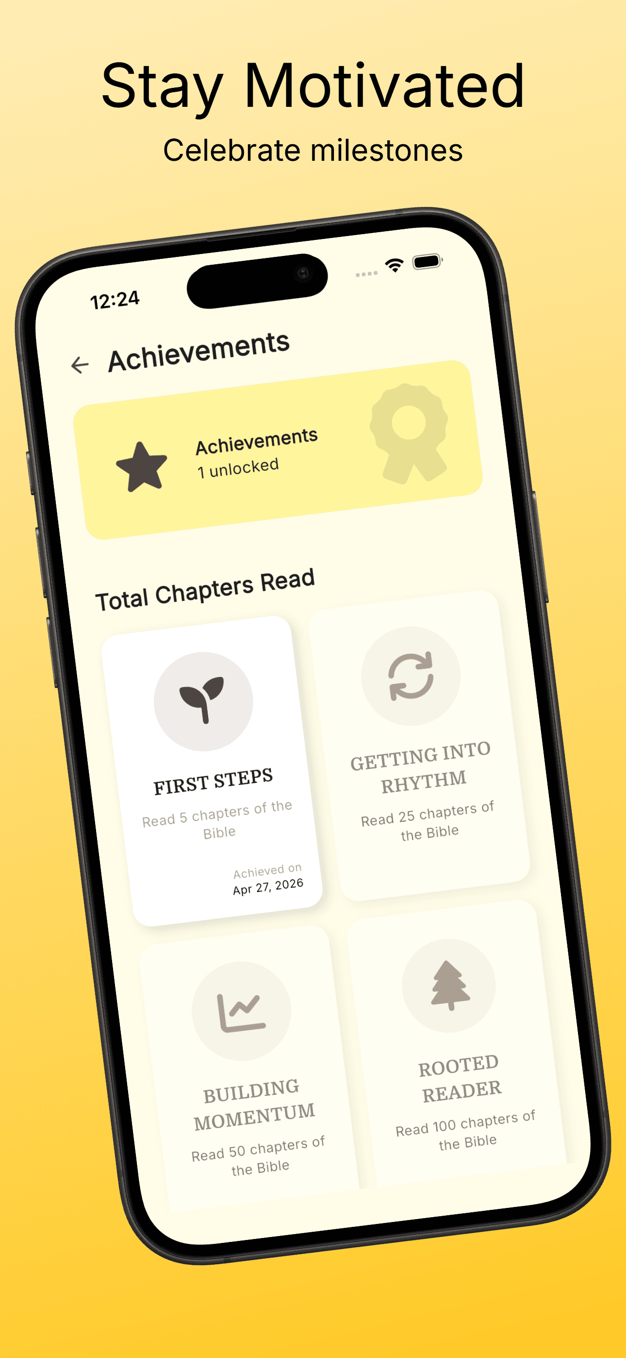 Achievements page showing unlocked and upcoming chapter-reading milestones