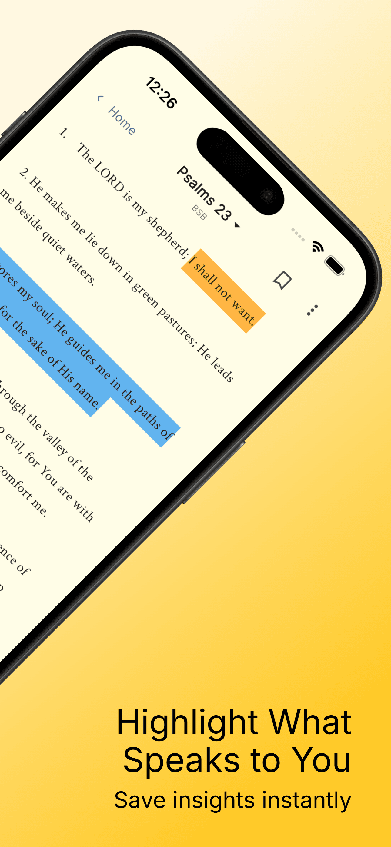 Psalm 23 reader with verses marked in blue and orange highlights