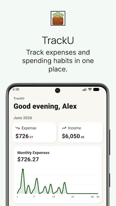 TrackU dashboard showing income, expenses, and monthly activity