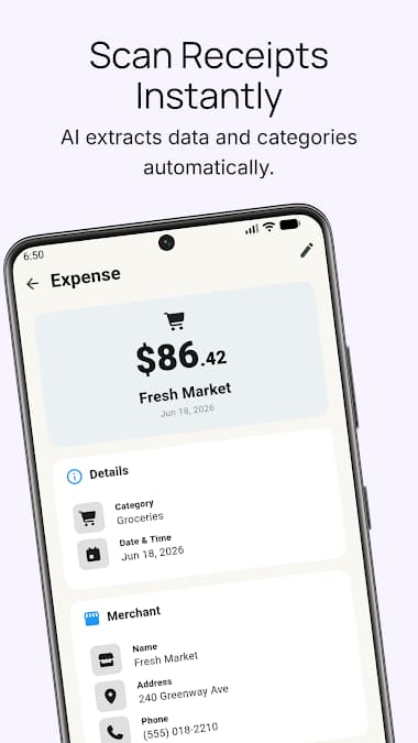TrackU receipt scan with automatically extracted purchase details